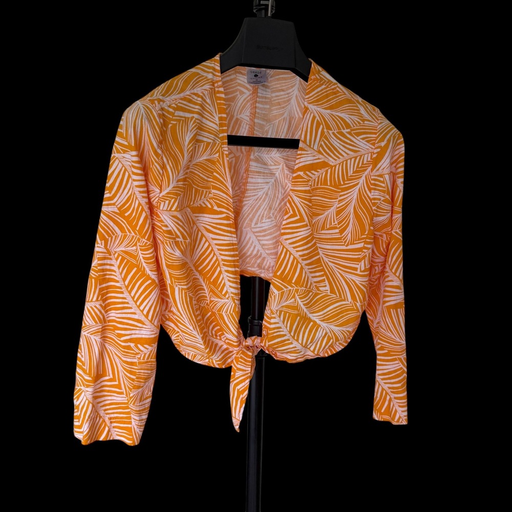Shade & Shore Orange White Palm Leaf Tie Front Crop Top Linen Blend Medium